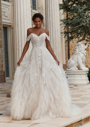 Beaded Ivory Lace Tulle Open Back Ruffled Wedding Dress